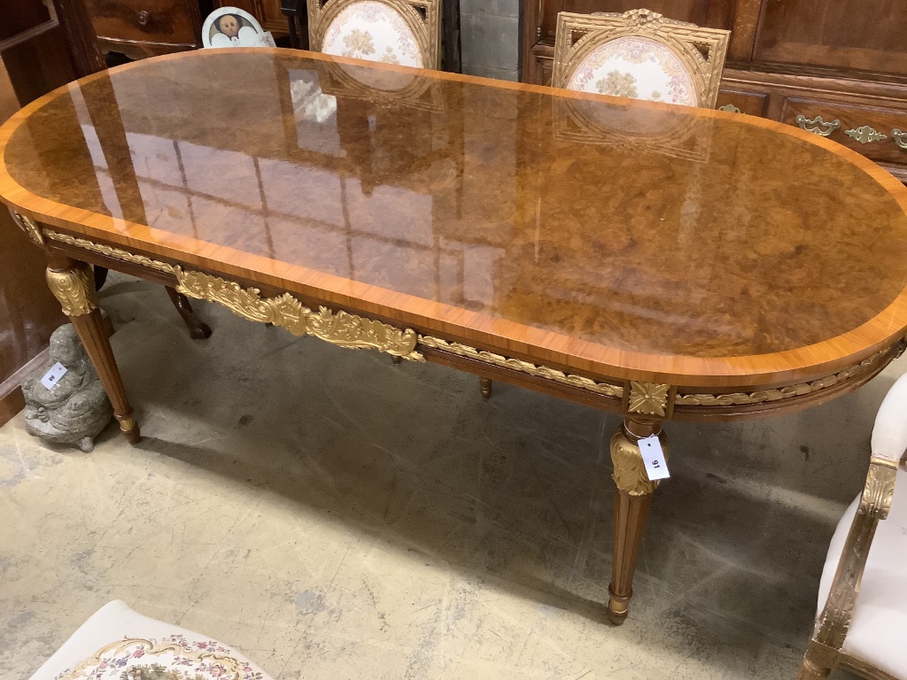 A French kingwood banded burr walnut dining table, length 220cm, depth 98cm, height 77cm